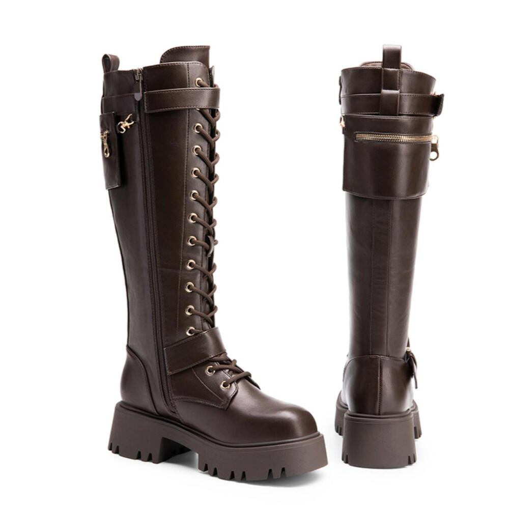 Dream Pairs Black Lace-Up Combat Moto Boots with Side Pocket - Picture 2 of 16